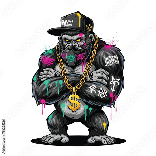 Cool graffiti gorilla rocking gold chains and baseball cap exudes urban street style and powerful vibes