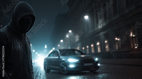 A masked thief in balaclava and the modern car at night street in the background
