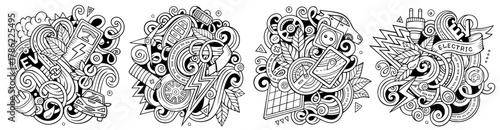 Electric Vehicles cartoon vector doodle designs set. Sketchy detailed compositions with lot of EV objects and symbols