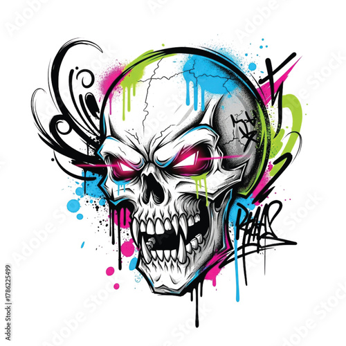 Fierce graffiti skull with vibrant neon drips and glowing pink eyes, exuding rebellious energy and urban art style