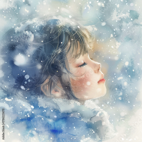 Young girl with closed eyes in snowy winter landscape  