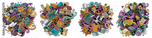 School cartoon vector doodle designs set.