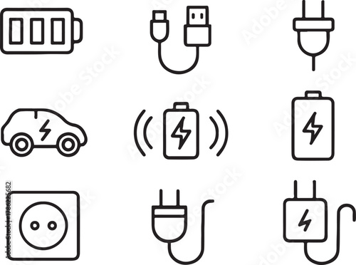 Electric Vehicle, Battery, and Charging Station Line Icons Set