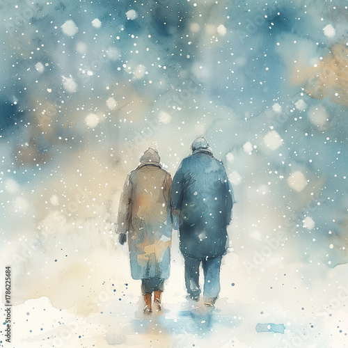 Elderly couple walking together in snow during winter evening  