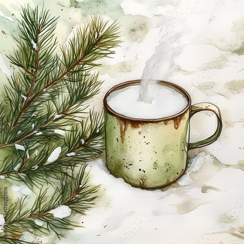 Warm mug of steaming drink beside pine branch in snowy setting  