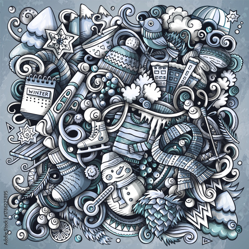 Cartoon vector doodles Winter illustration