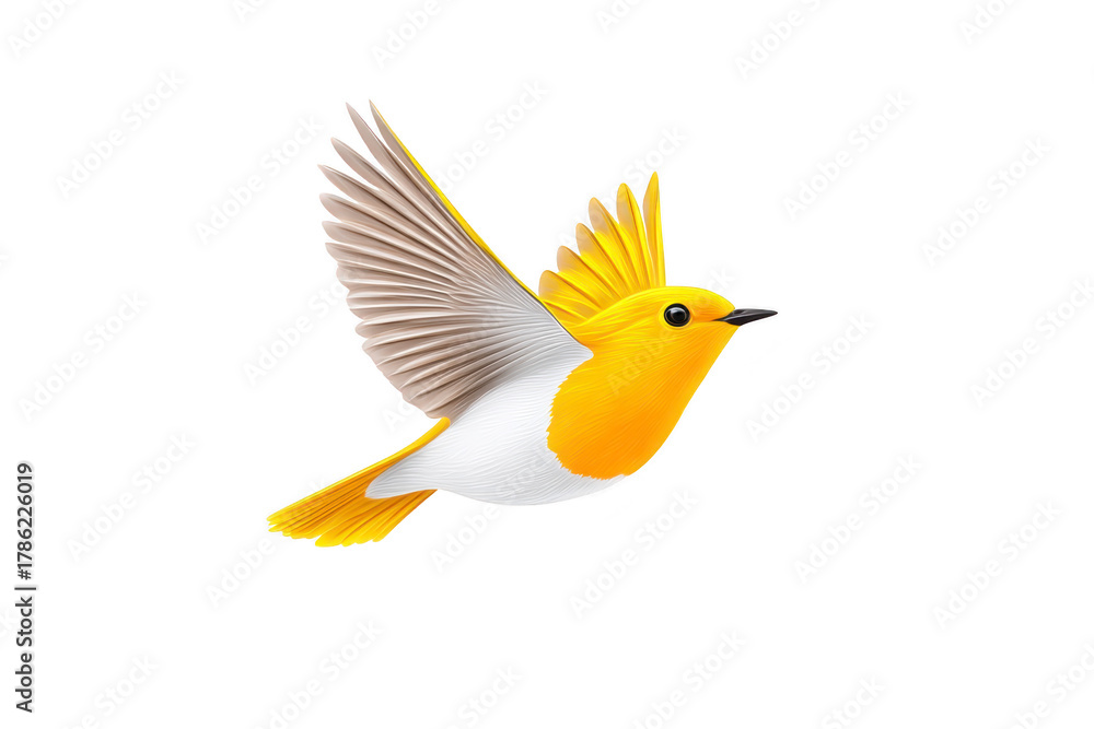 Obraz premium Yellow bird white wing orange chest flying isolated on transparent background digital illustration cheerful wildlife nature animal feather