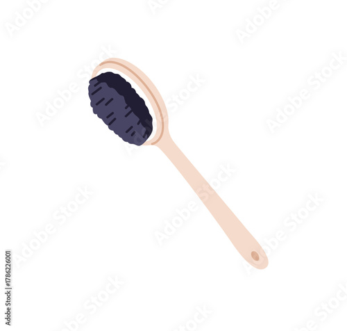 Grooming brush for pet fur, hair cleaning, coat massage. Soft bristle comb with long handle for canine and feline coat care and dirt removal. Flat vector illustration isolated on white background.