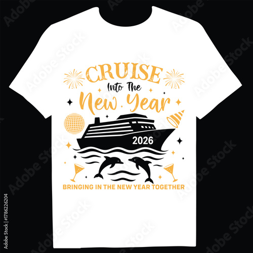 Cruise into the new year 2026, a festive celebration with a ship sailing towards new beginnings and joyful memories