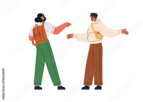 Conversation, emotional communication between confused man and woman accusing, blaming, pointing with finger gesture. Dialogue, misunderstanding. Flat vector illustration isolated on white background.