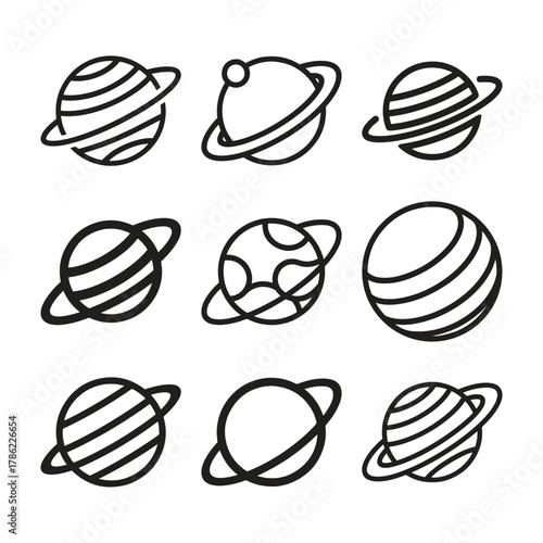 Hand drawn collection of planets with rings and stripes