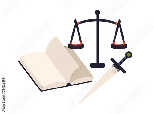 Justice and law concept. Scales, sword and rules book, legal authority and court symbols. Judgement, punishment and legislation, rights. Flat vector illustration isolated on white background.