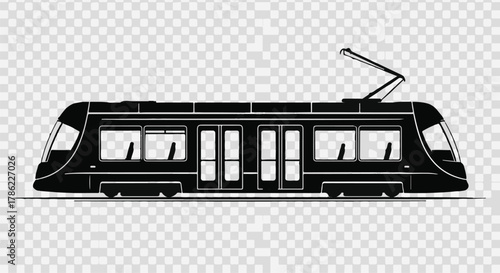 Sleek modern tram silhouette on transparent background, representing urban public transportation.