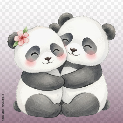 Sweet giant pandas couple hugging, showing tender love and affection. Adorable fuzzy bears friends sitting together. Perfect for Valentine card