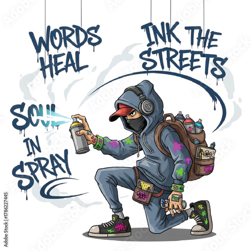 Urban artist passionately sprays vibrant graffiti art, embodying street culture and creative expression with dynamic energy and urban flair