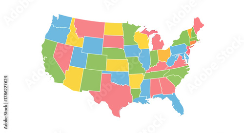 Vibrant rendition of united states map displaying state boundaries through varied colorful schemes