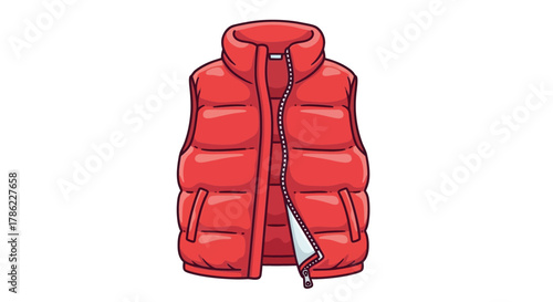 Vibrant crimson puffer vest illustration against clean background with detailed zipper accent