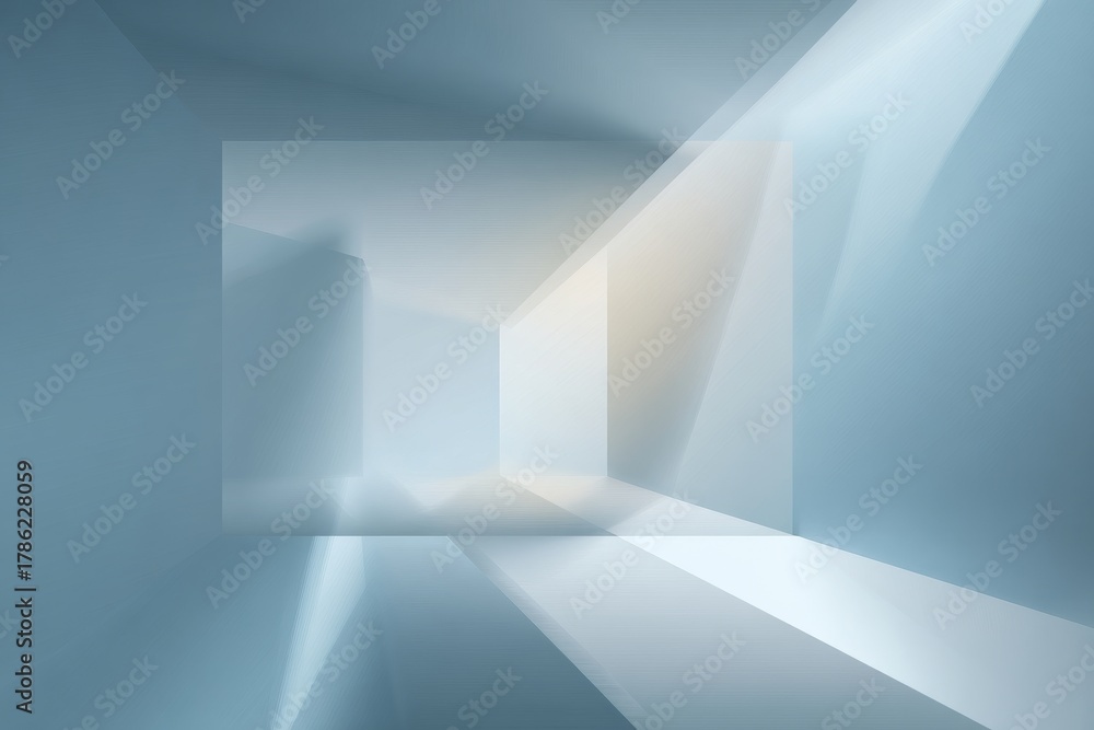 Fototapeta premium Soft blue light fills a modern geometric space with sharp angles and a sense of depth, creating a calm and serene atmosphere