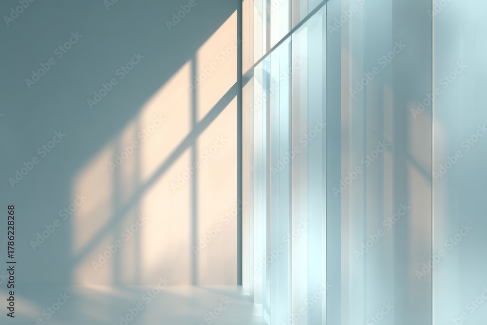 Fototapeta premium Soft light streaming through large windows creates gentle shadows on a serene interior wall