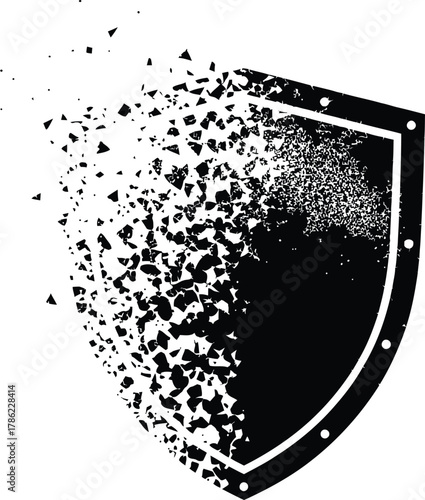 Disintegrating shield illustration representing vulnerability loss and fragility with particles scattering symbolizing damage and broken defense