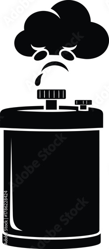 Depressed spray can with sad cloud head symbolizes environmental pollution and climate change impact