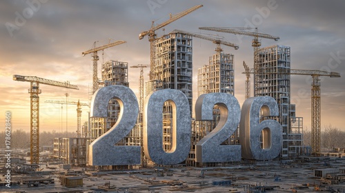 Large concrete numbers stand prominently at a construction site in preparation for urban development in 2026 during dusk with cranes in the background