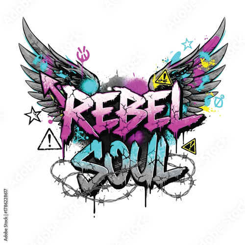 Unleash your inner rebel with this vibrant, edgy graffiti art featuring bold 'Rebel Soul' lettering and dynamic wings, perfect for urban style and youth culture.