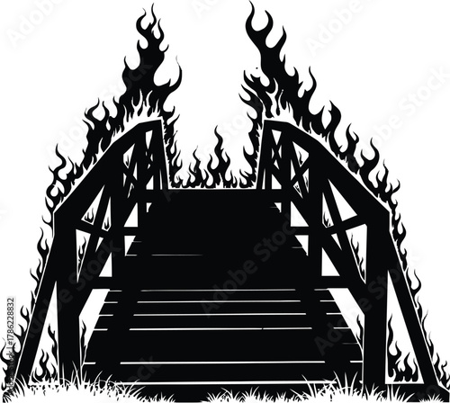 Burning wooden bridge illustration with grass silhouette and blazing fire design vector graphic