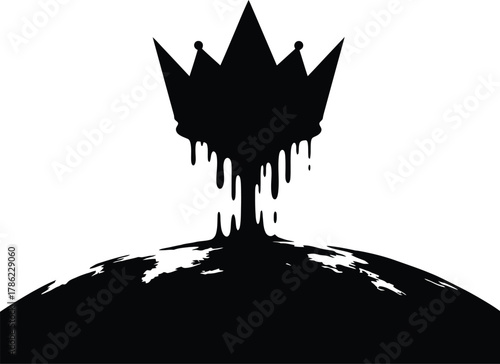 Black crown dripping down on a world silhouette concept of royal power dissolving