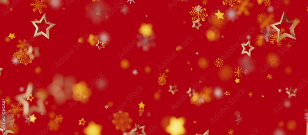 Obraz premium Christmas background with golden stars and snowflakes on red. Perfect for holiday design, greetings, or promotions. Festive and celebratory.