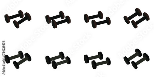 Isometric dumbbell pairs set in black tones, vector fitness icons