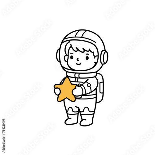 cute cartoon astronaut holding yellow star for children's learning games, educational materials, space exploration blogs, or sticker and patch design and book covers