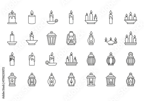 Collection of Outline Icons Featuring Various Candles and Lanterns.