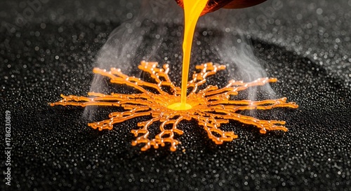 A mesmerizing display of molten orange liquid being poured to form an intricate snowflake pattern on a dark, granular surface, with steam rising from the heat