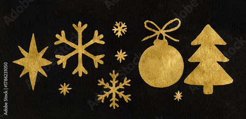 Hand painted gold watercolor Christmas and winter symbols on a black background