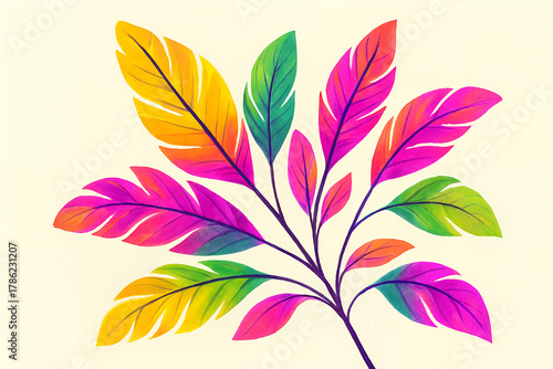 Branch with bright, neon-colored leaves on a white background
