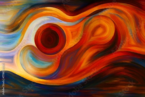 Abstract painting with flowing colorful waves and a dark central circle symbol