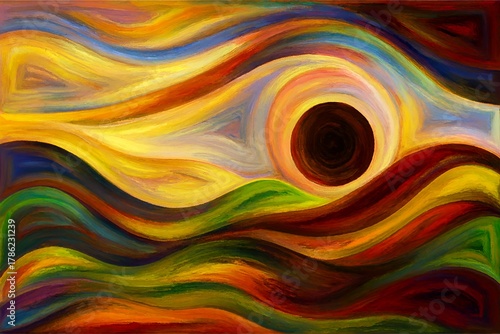 Abstract painting with flowing colorful waves and a dark central circle symbol