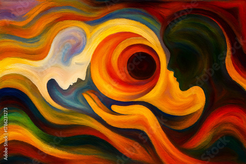 Abstract painting with flowing colorful waves and a dark central circle symbol