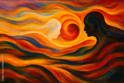 Abstract painting with flowing colorful waves and a dark central circle symbol