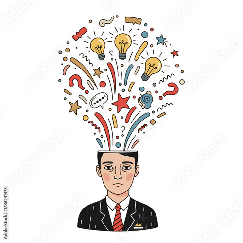 Man in suit with ideas exploding from head representing Dry January challenge  