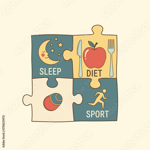 Puzzle pieces representing sleep, diet, and sport for Dry January challenge  