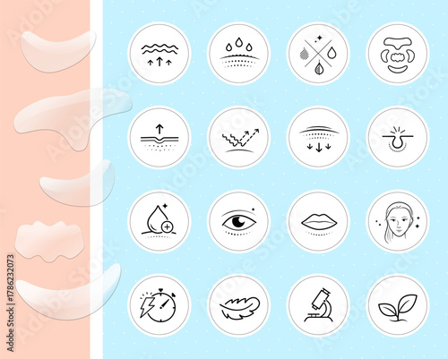 Under-eye patches mockup with set icons. Vector illustration on colour background. Front view. Сan be used for cosmetic, medical and other needs. EPS10.