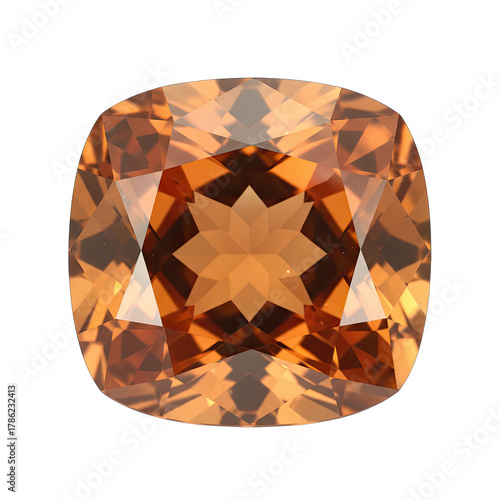 Cushion Cut Gemstone with Star Facet Pattern in Amber Orange Hue Isolated on Black Background