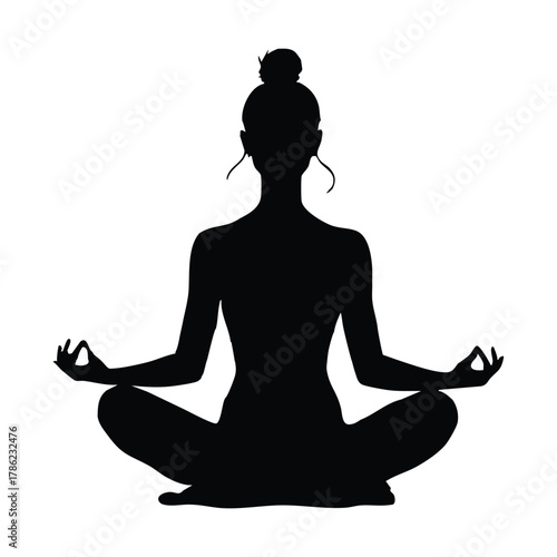 silhouette of woman in lotus pose on white background