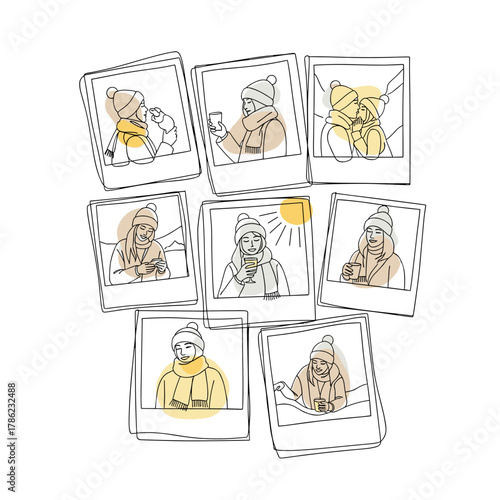 Illustrative collage of a woman enjoying winter activities in photos  