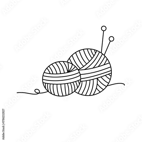 Two balls of yarn are shown in a black and white drawing