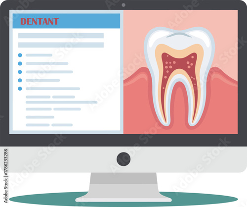 A digital illustration displays dental data and detailed tooth anatomy on a computer screen, suitable for educational or informational purposes.