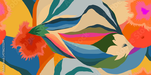 Abstract artistic floral pattern. Dynamic bright tropical print. Hand drawn unique template for design. 