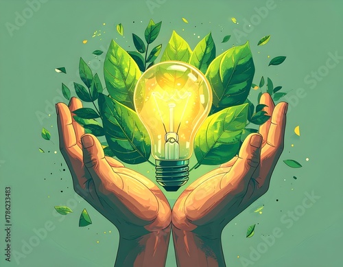 national energy conservation day eco-friendly concept with hands and lightbulb
